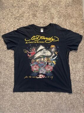 Rare Ed Hardy Black T-shirt with Yellow, Red, Blue and White Graphic 2004